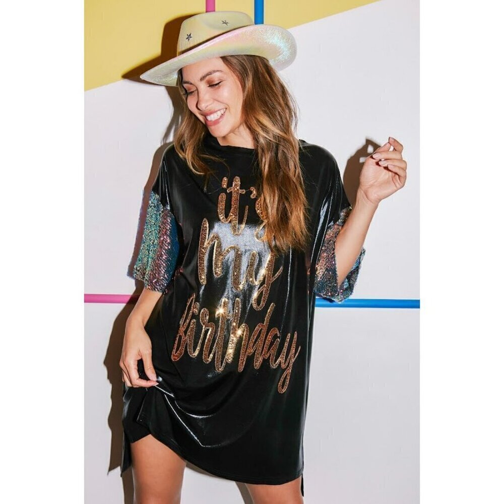 Birthday Queen Foil Sequin Dress in Black
